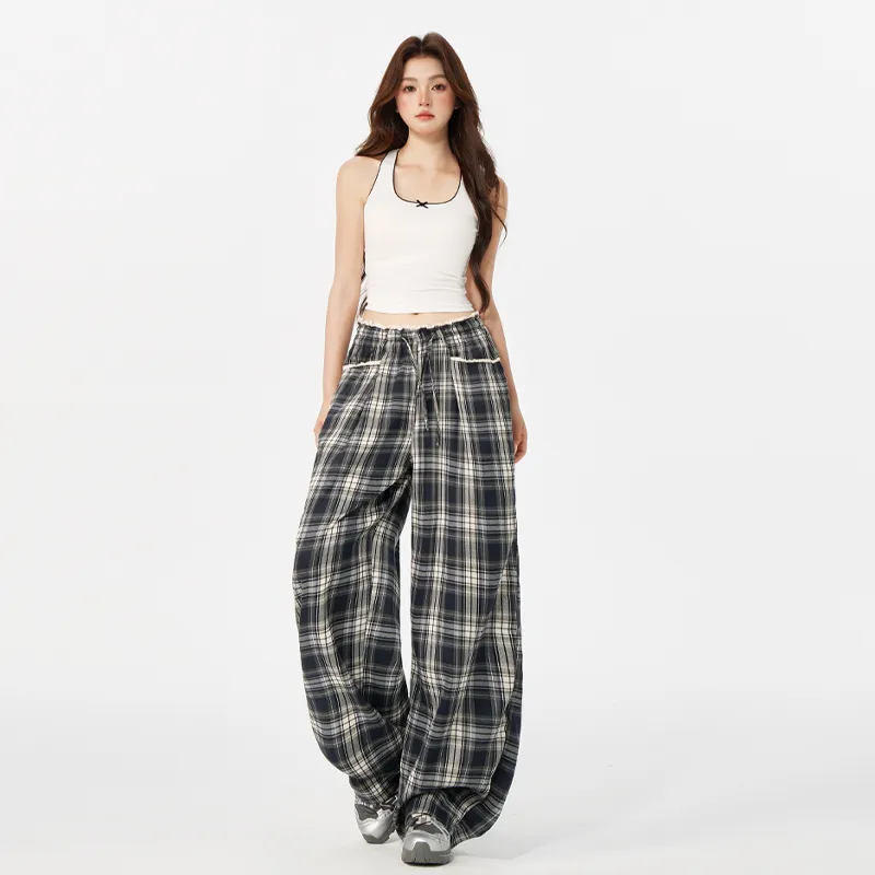 ZAZN Casual Pants Women's Gray Blue Plaid-4