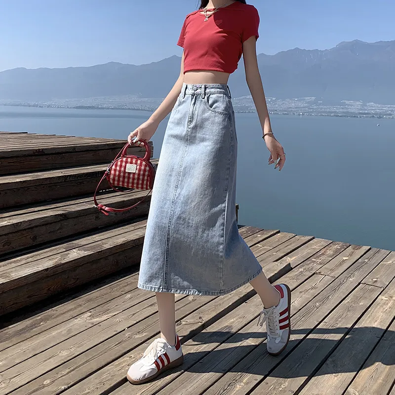 ZAZN Denim Long Skirts Women's Light Blue-5