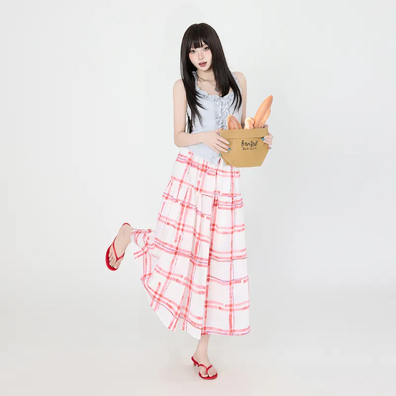ZAZN Casual Long Skirts Women's Red Plaid-4