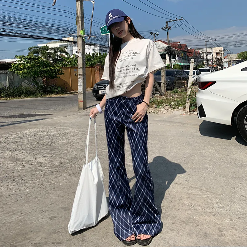 ZAZN Casual Pants Women's Blue White Plaid Diamond-13