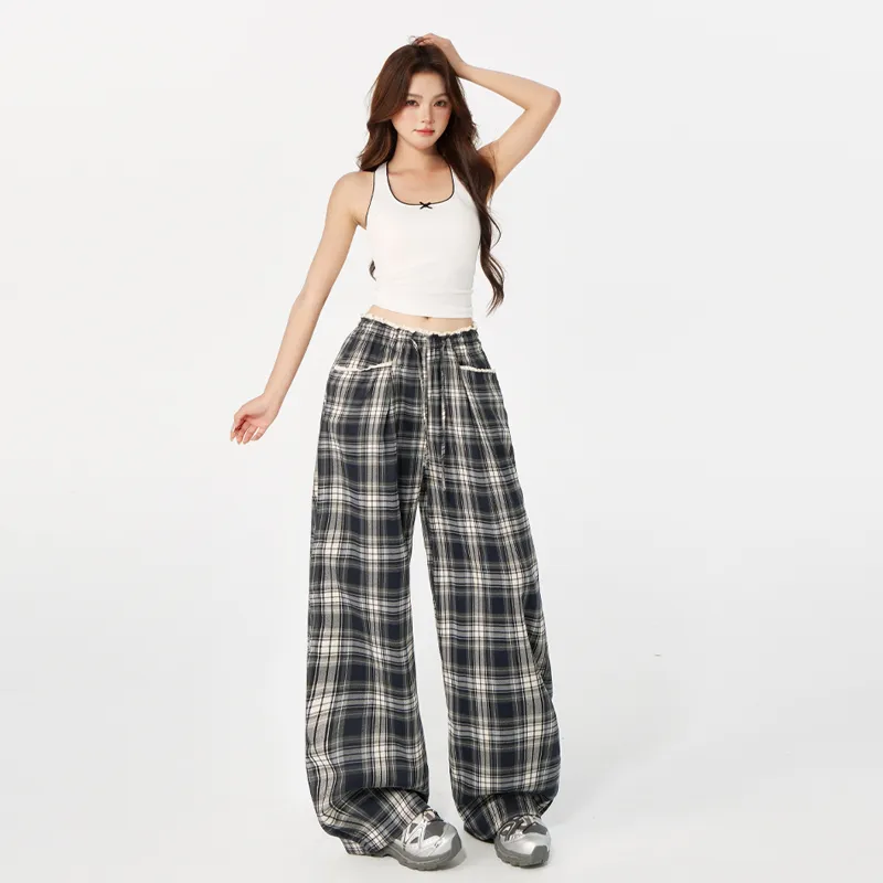 ZAZN Casual Pants Women's Gray Blue Plaid-1