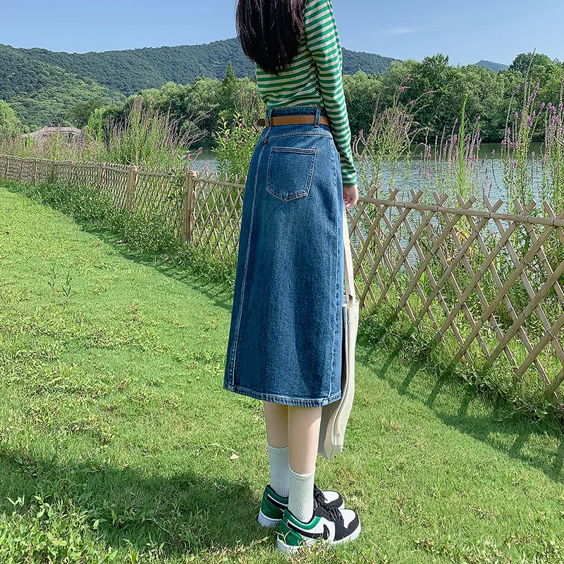 ZAZN Denim Long Skirts Women's Dark Blue-6