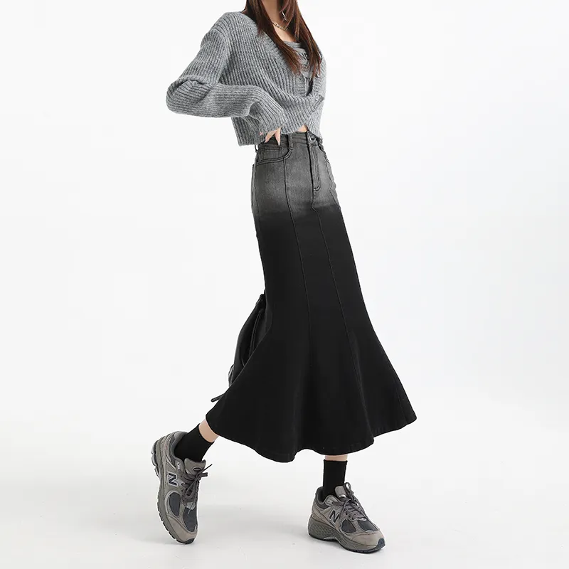 ZAZN Denim Long Skirts Women's Gray Black-4