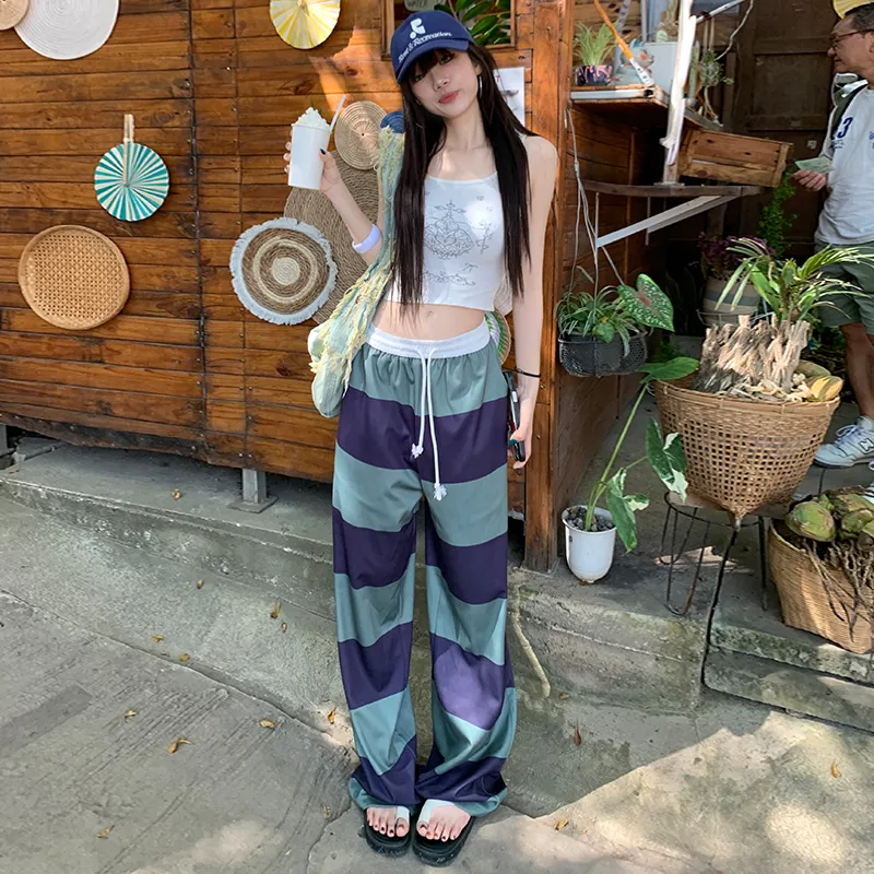 ZAZN Casual Pants Women's Purple Green Stripes-2
