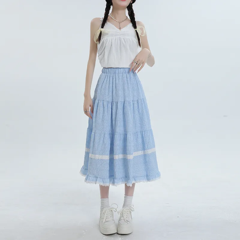ZAZN Casual Long Skirts Women's Plaid Blue-2