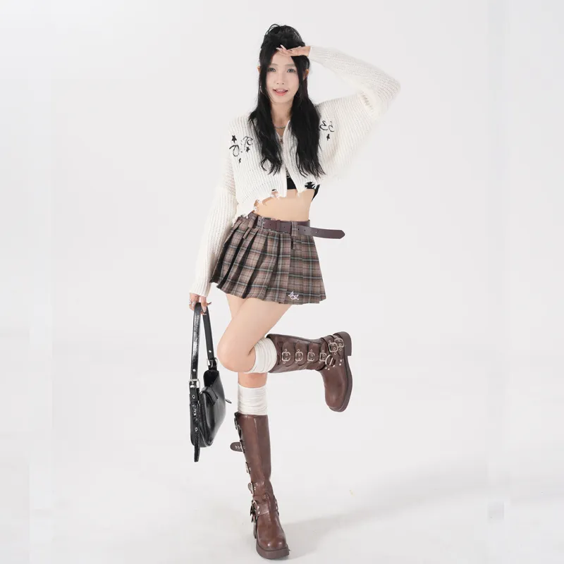 ZAZN Casual Short Skirts Women's Black Plaid Lining+Belt-7