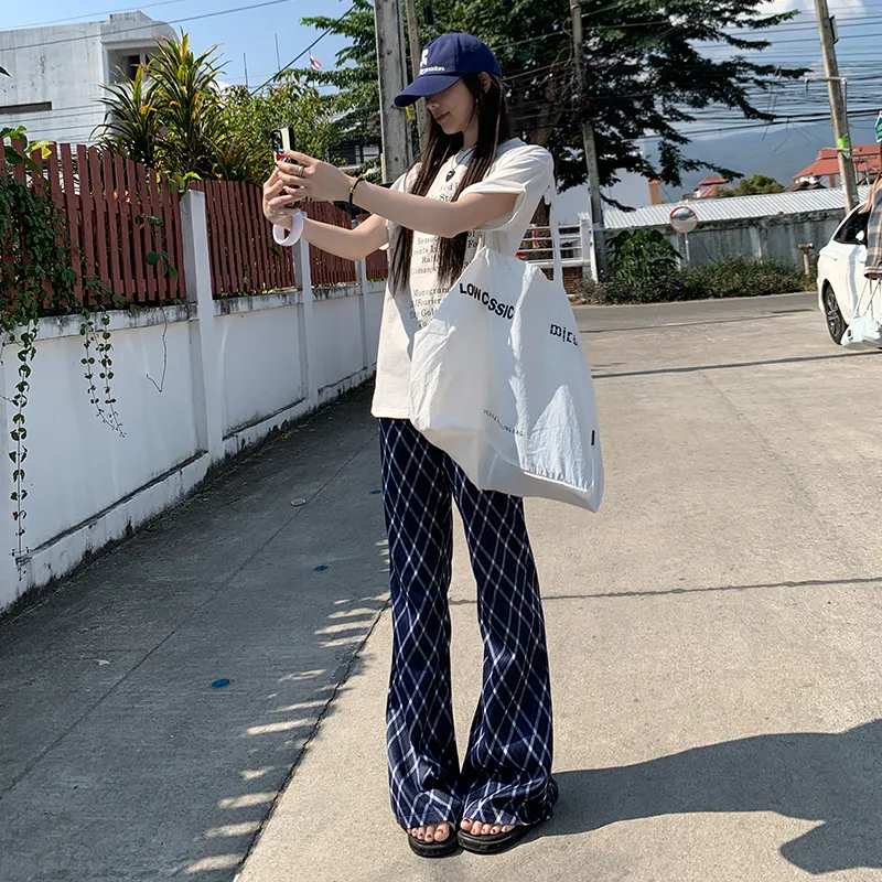 ZAZN Casual Pants Women's Blue White Plaid Diamond-12