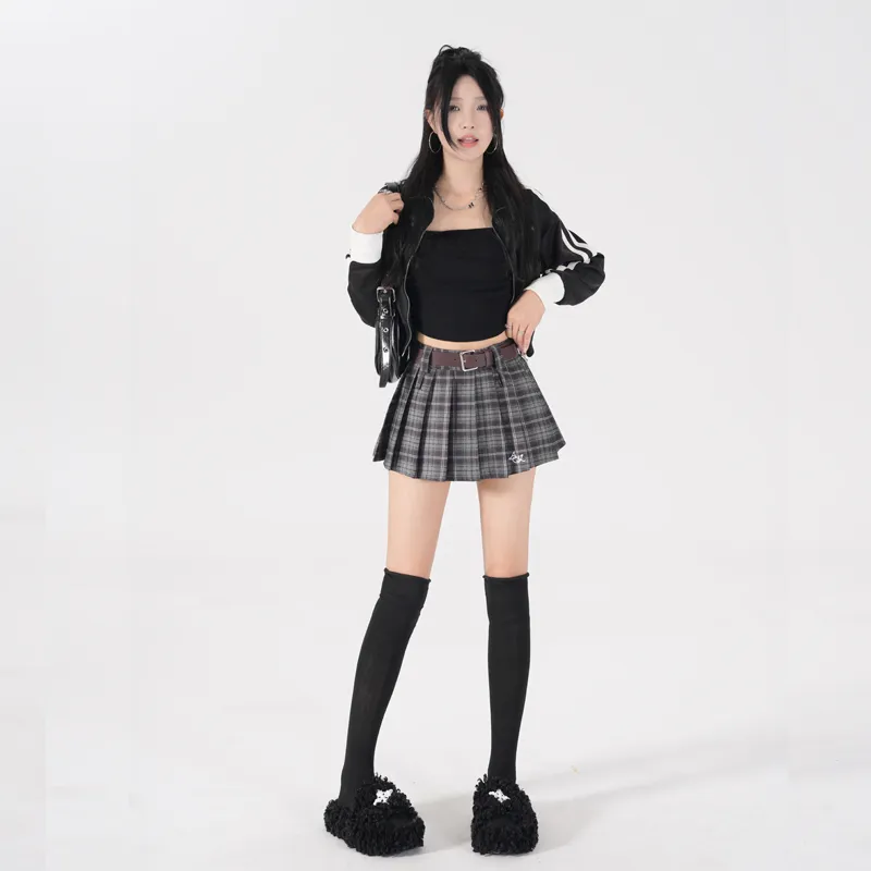 ZAZN Casual Short Skirts Women's Black Plaid Lining+Belt-4