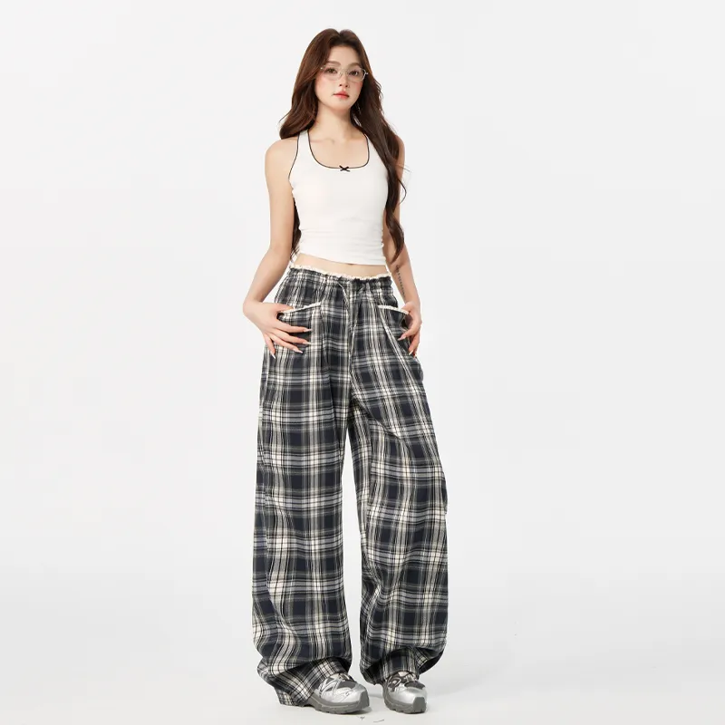 ZAZN Casual Pants Women's Gray Blue Plaid-11