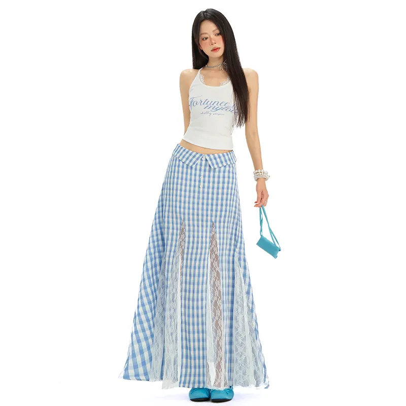 ZAZN Casual Long Skirts Women's Blue Plaid-1