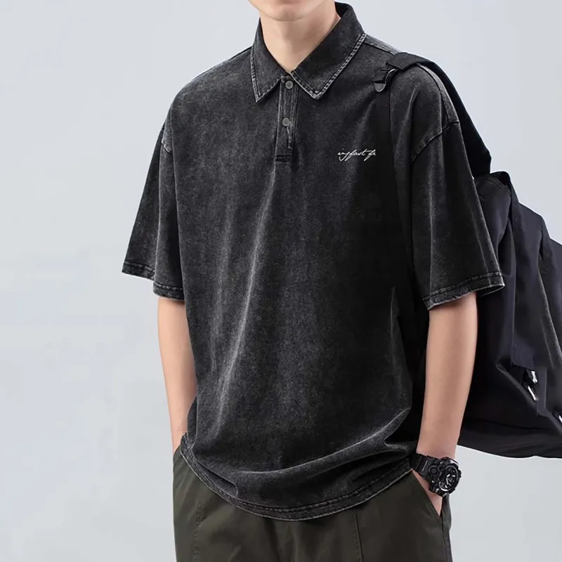 FASTFISH Polo Shirts Unisex Washed Black-4