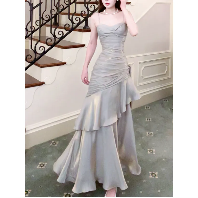 GJFD Niche Ruffle Hem Adults Graduation Season Birthday Banquet Slip Dress Women's Silver-1