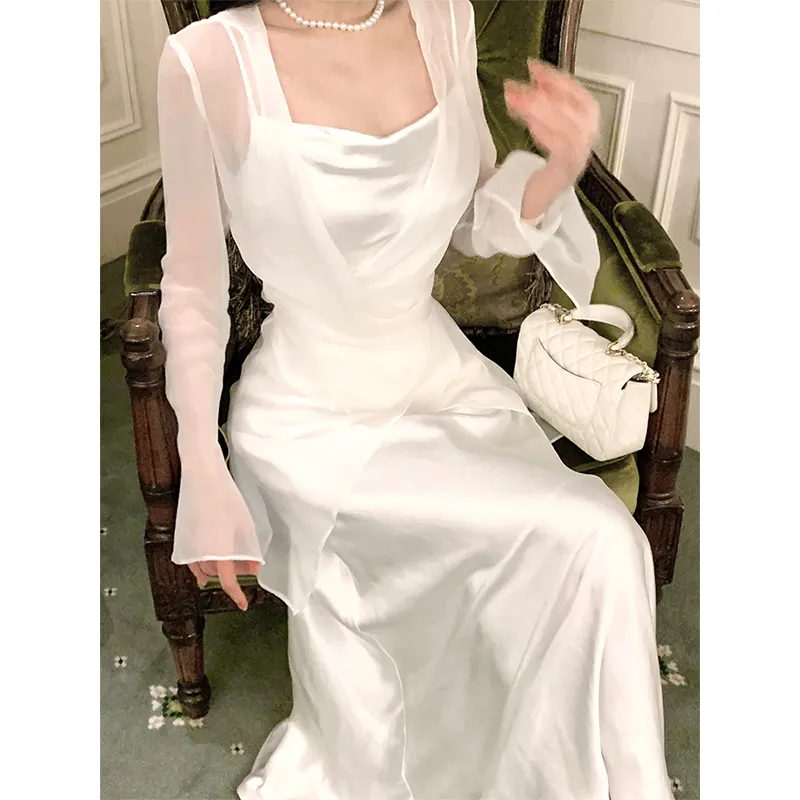 GJFD Silk Long Sleeved Cardigan With Satin Slip Dress Women's-2