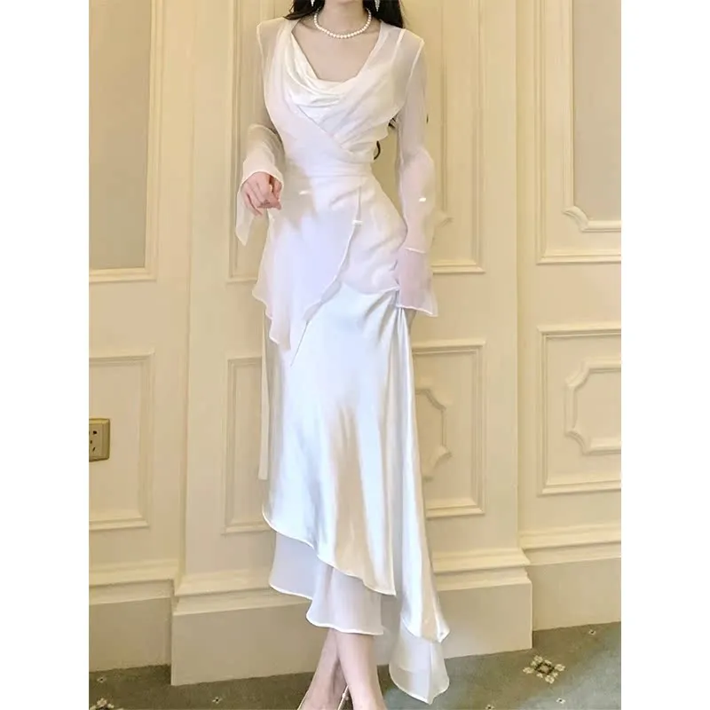 GJFD Silk Long Sleeved Cardigan With Satin Slip Dress Women's-1