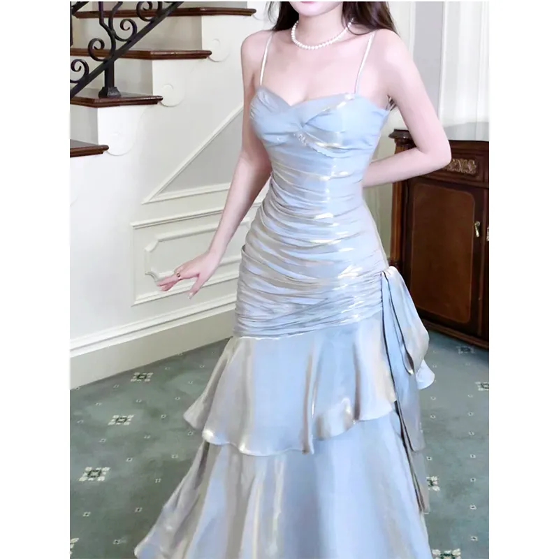 GJFD Niche Ruffle Hem Adults Graduation Season Birthday Banquet Slip Dress Women's Silver-2