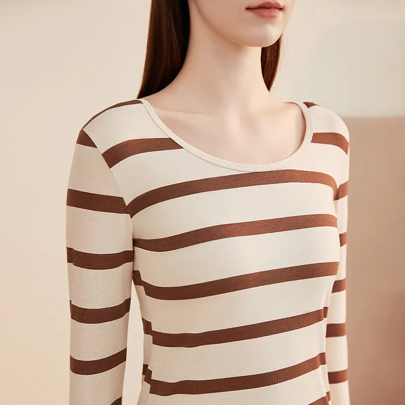 Top Melon Thermal Set Women's Light Beige Coffee Stripe-1