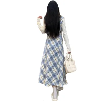 Lookinto Long Sleeved Dresses Women's Blue Plaid