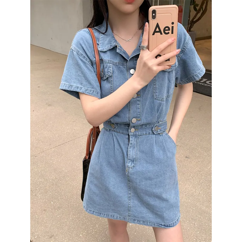 Lookinto Short Sleeved Dresses Women's Denim Blue-2
