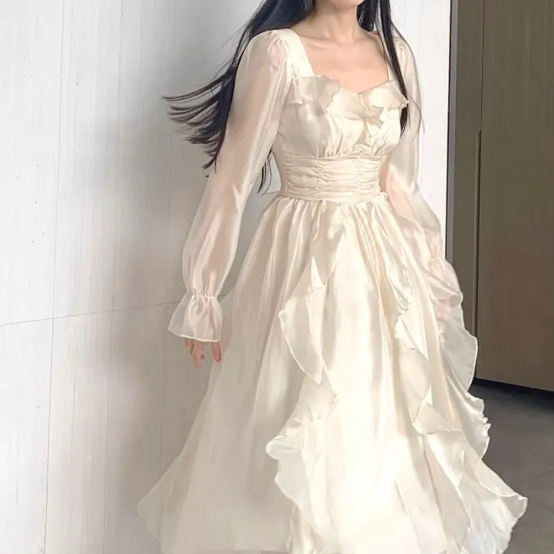 Lookinto Long Sleeved Dresses Women's Apricot White-2