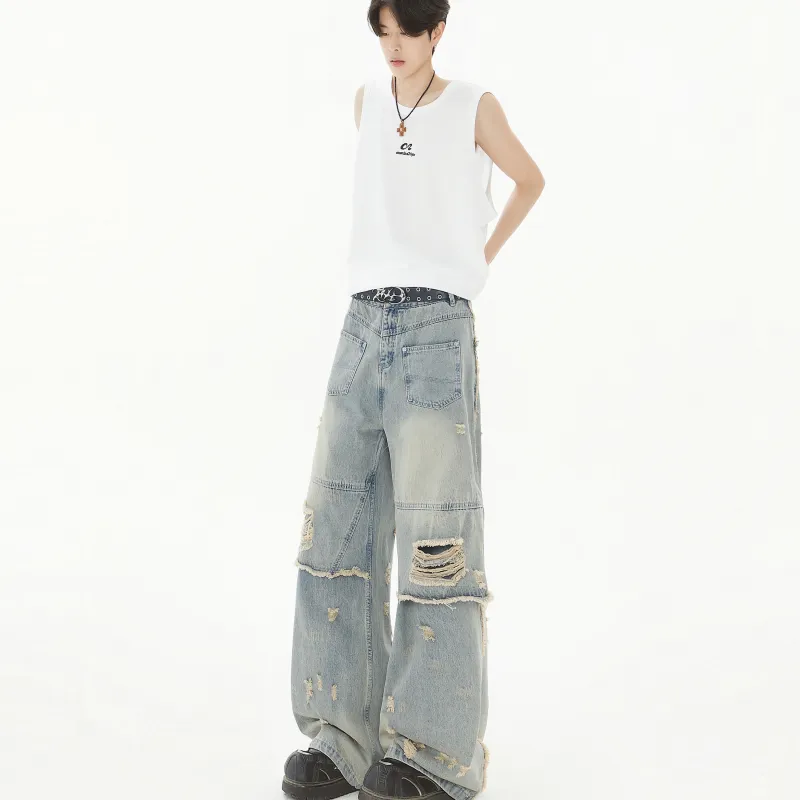 TESTUNG Fashion Versatile Jeans Unisex Vintage Blue Tone-6
