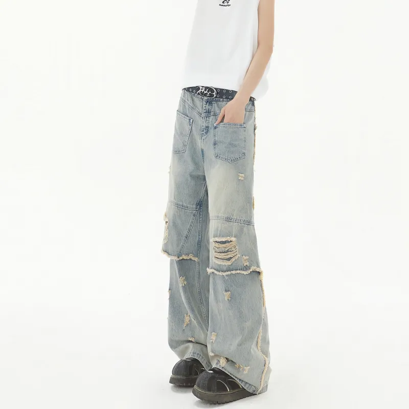 TESTUNG Fashion Versatile Jeans Unisex Vintage Blue Tone-5