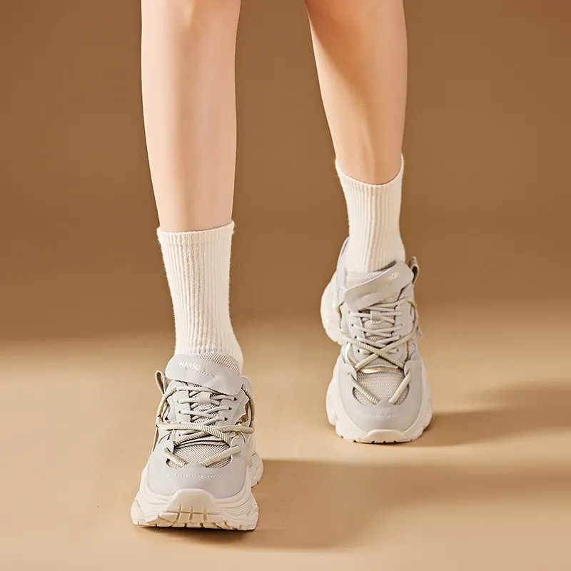 HARSON Chunky Sneakers Women's Low Top Greige/Beige Gold-4