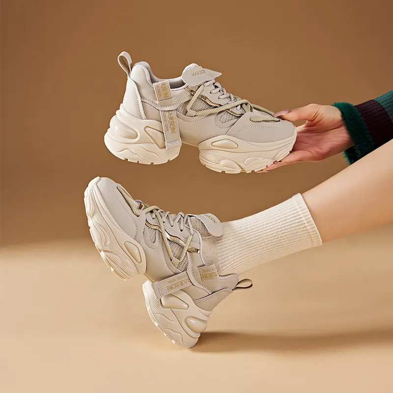 HARSON Chunky Sneakers Women's Low Top Greige/Beige Gold-3