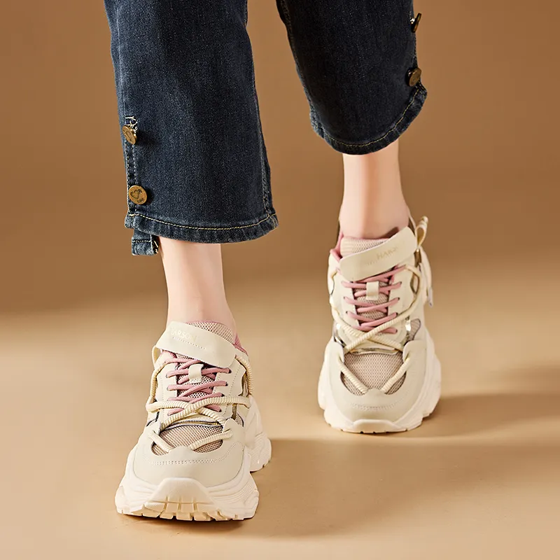 HARSON Chunky Sneakers Women's Low Top Greige/Beige Gold-9