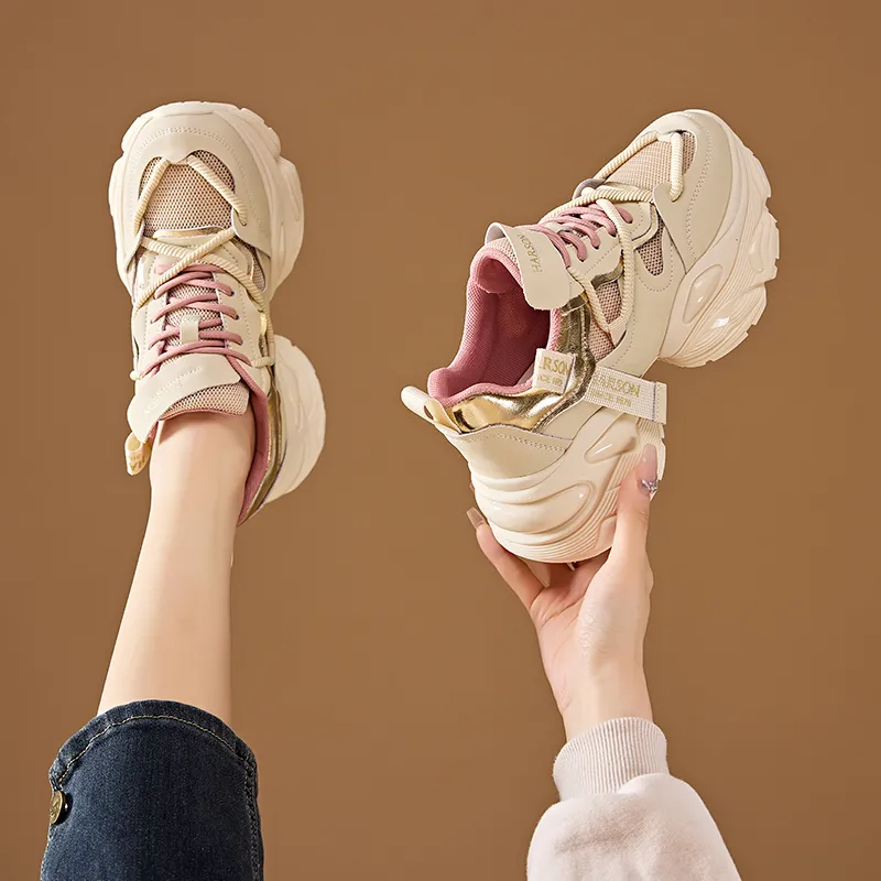 HARSON Chunky Sneakers Women's Low Top Greige/Beige Gold-8