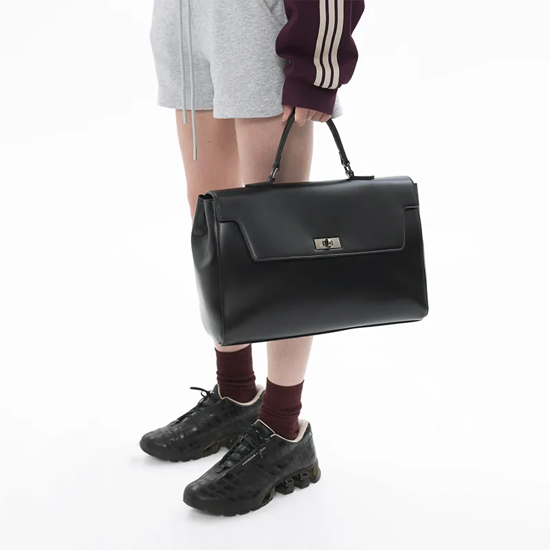 UNVESNO Leather Briefcase, Crossbody Bag, Handbag Regular Unisex Black-3