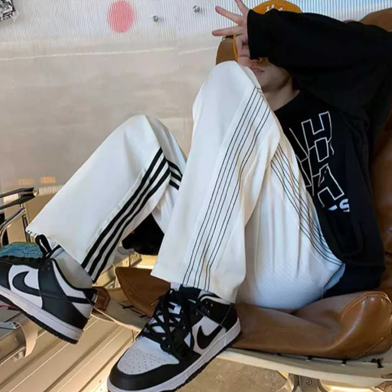 WELTER EXPERIMENT Side Snap Button Stripes Patchwork Design Casual Pants Unisex-11