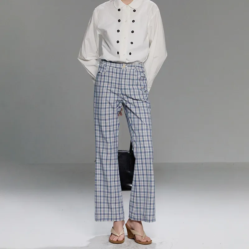 UNRETRO Casual Pants Women's Blue Plaid-3