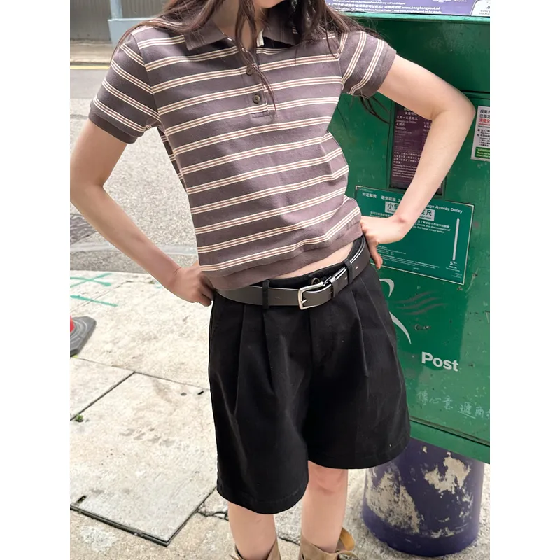 UNRETRO Polo Shirts Women's Coffee Stripes-6