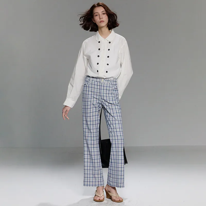 UNRETRO Casual Pants Women's Blue Plaid-2