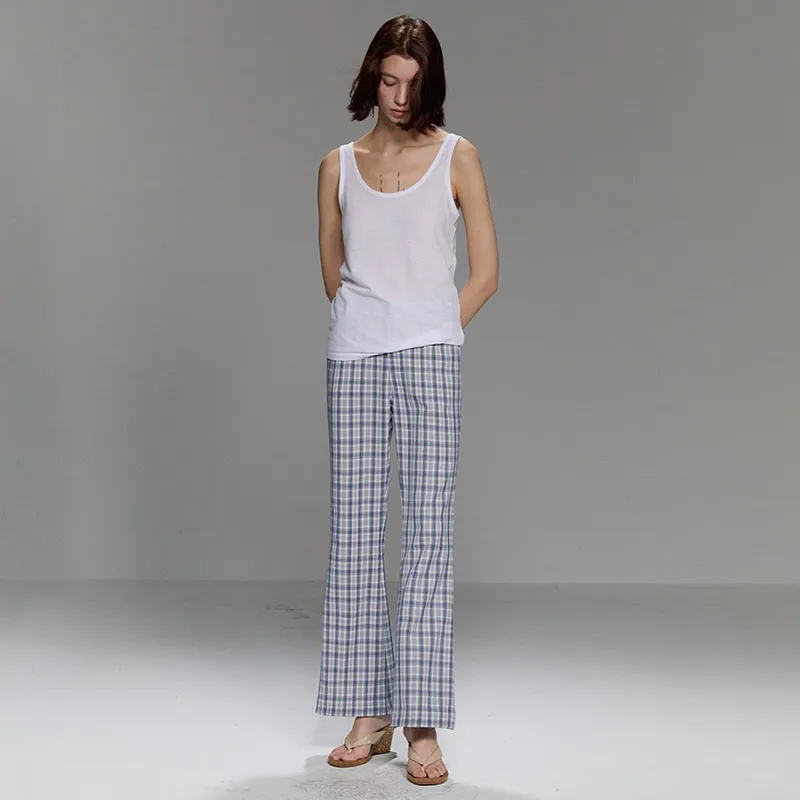 UNRETRO Casual Pants Women's Blue Plaid-5