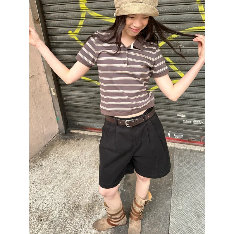 UNRETRO Polo Shirts Women's Coffee Stripes-3