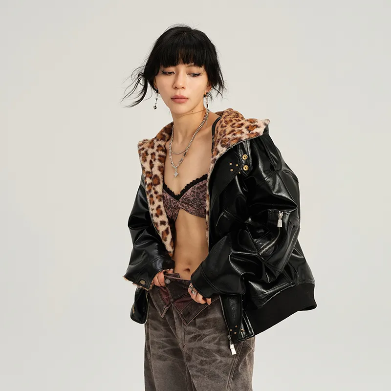 BE ALL KABUTO Puffer Jacket Women's Bright Black \ Leopard Print-2