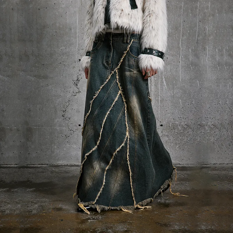 BE ALL KABUTO Denim Long Skirts Women's Vintage Blue-3