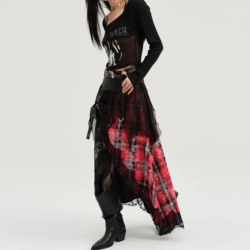 BE ALL KABUTO Casual Long Skirts Women's Black Red-5