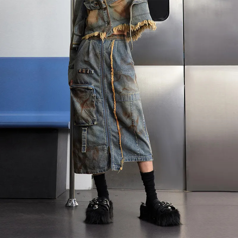 BE ALL KABUTO Denim Long Skirt Women's Dirty Washed Blue-2