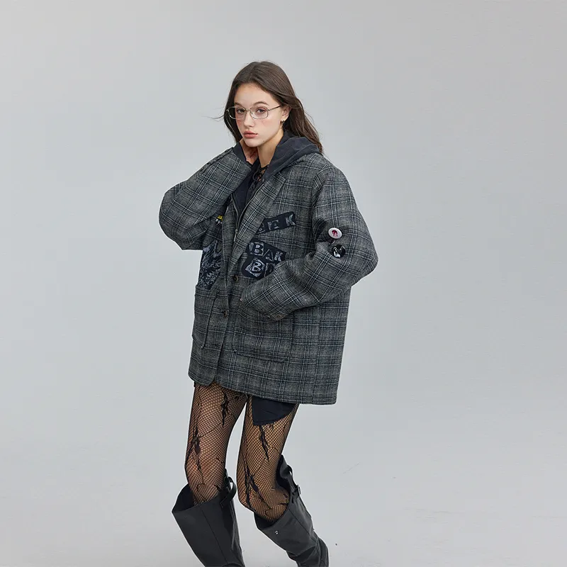 BE ALL KABUTO Puffer Jacket Unisex Black Gray Plaid Text-3
