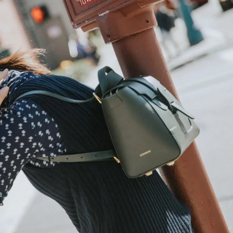 SENREVE Litchi Grain Top Grain Cow Leather Shoulder Bag Handheld Backpack Trumpets Unisex Forest Green-3