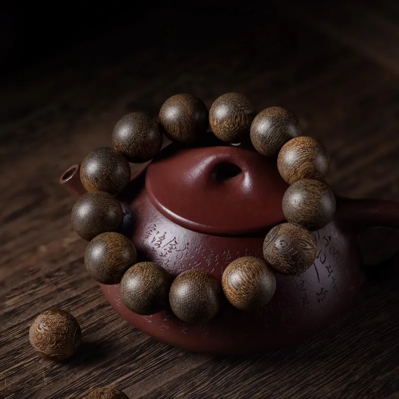 FANGYUANXIAOFU Aromatic Agarwood Single Plain Bead Chinese Style Fortune Beaded Bracelet Unisex-32