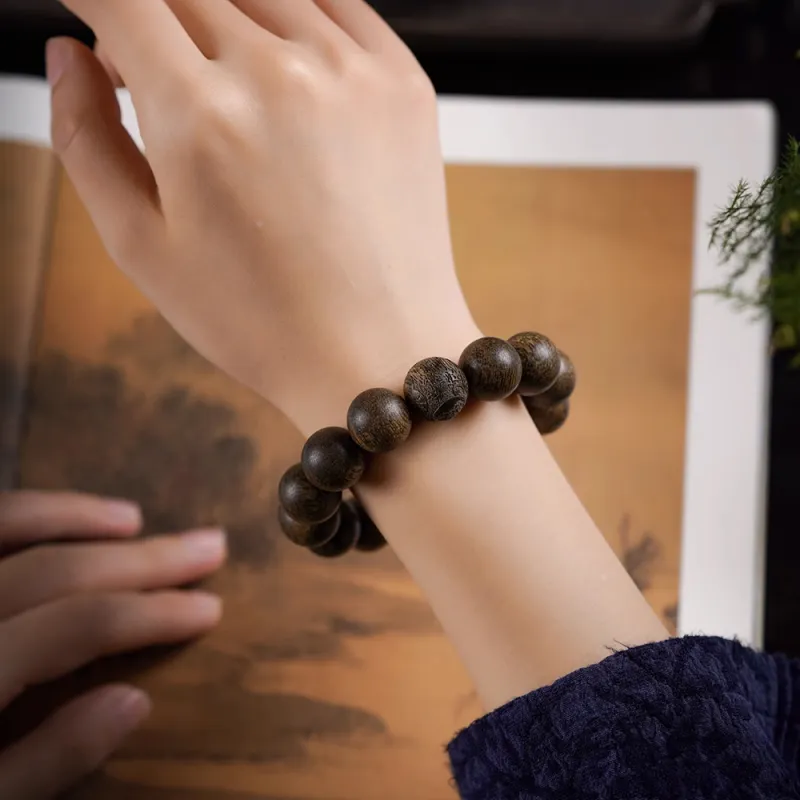 FANGYUANXIAOFU Aromatic Agarwood Single Plain Bead Chinese Style Fortune Beaded Bracelet Unisex-11