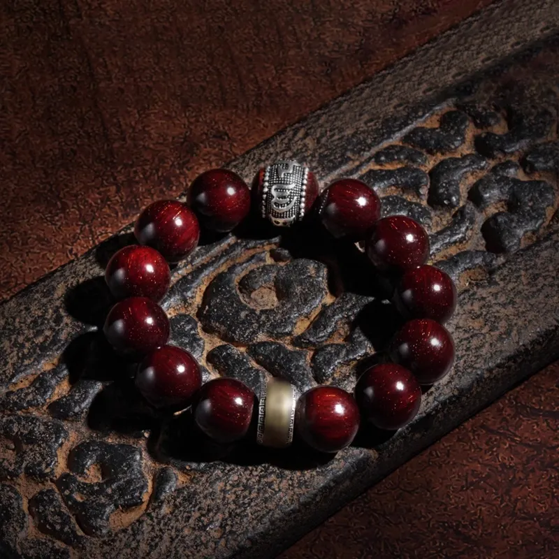FANGYUANXIAOFU Pterocarpus Plain Circle Beaded Bracelet Men's-5