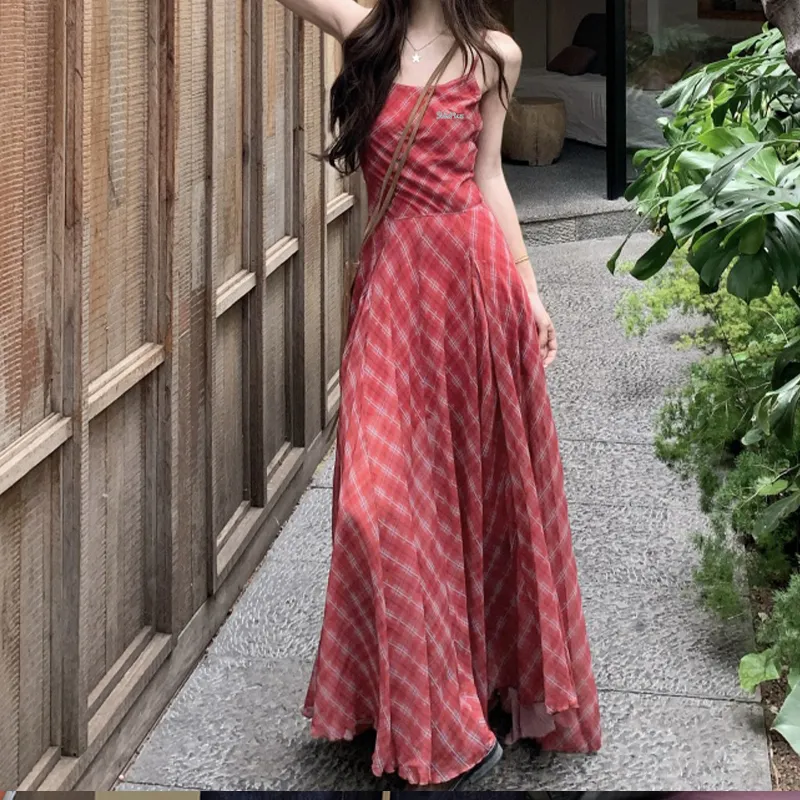 SOIE Slip Dresses Women's Red Plaid-2