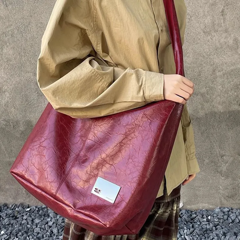 Crying Center PU Shoulder Bag Medium Large Unisex Brown/Red/Black-7
