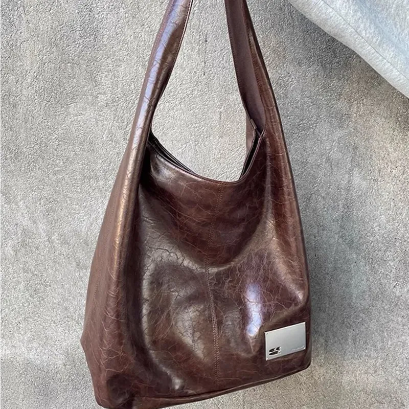 Crying Center PU Shoulder Bag Medium Large Unisex Brown/Red/Black-4