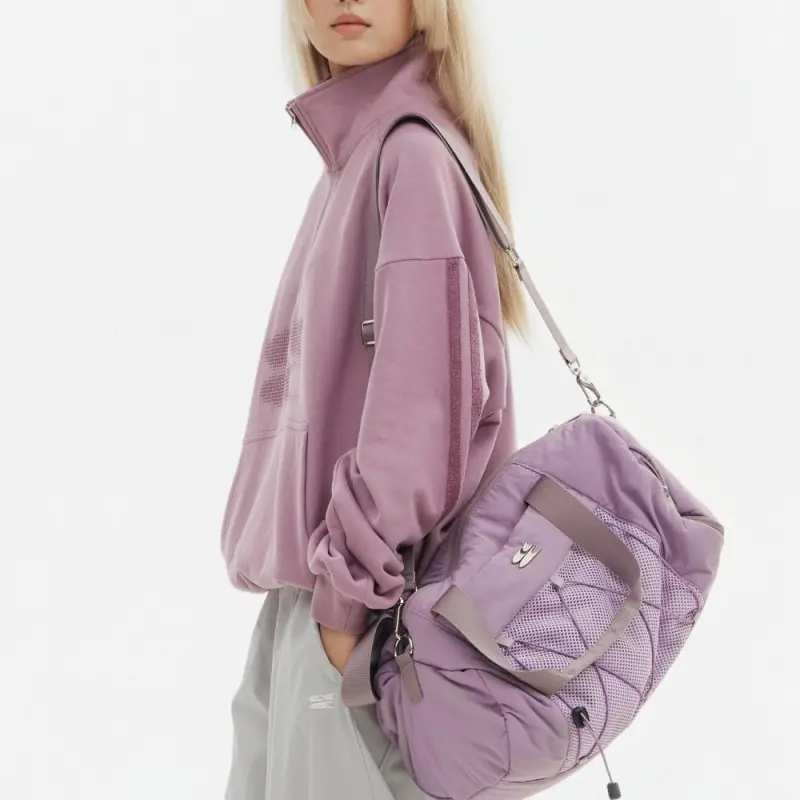 Crying Center Fabric Crossbody Bag, Shoulder Bag Trumpets Unisex Taro Purple/Light Bean Gray/Mocha-3