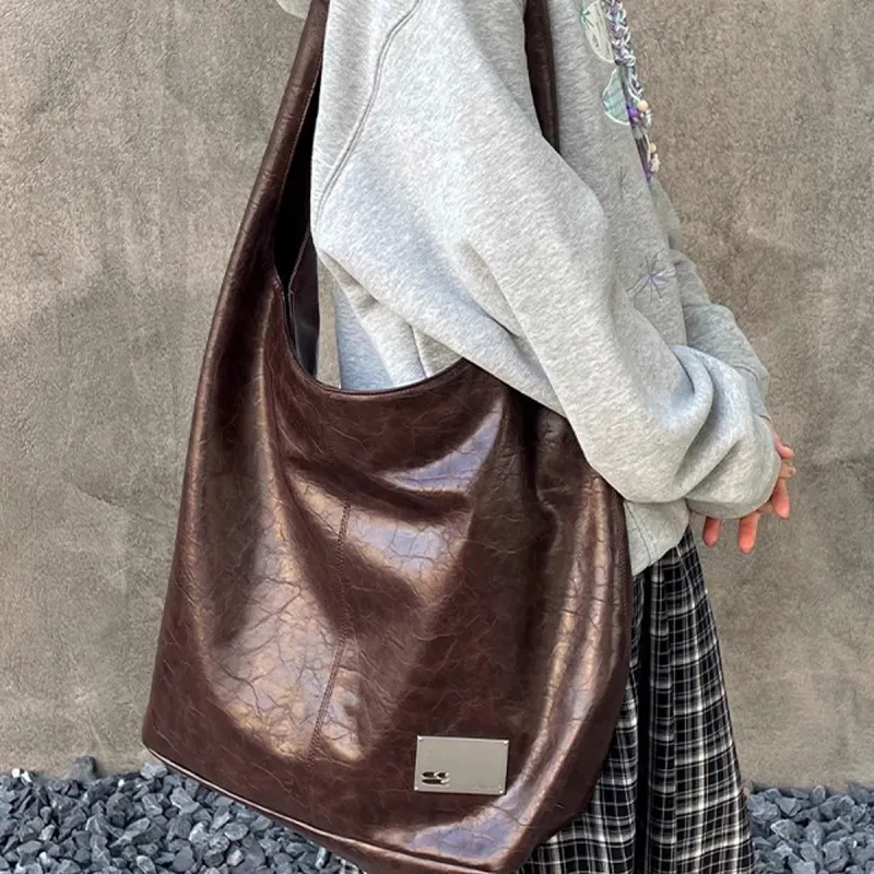 Crying Center PU Shoulder Bag Medium Large Unisex Brown/Red/Black-2